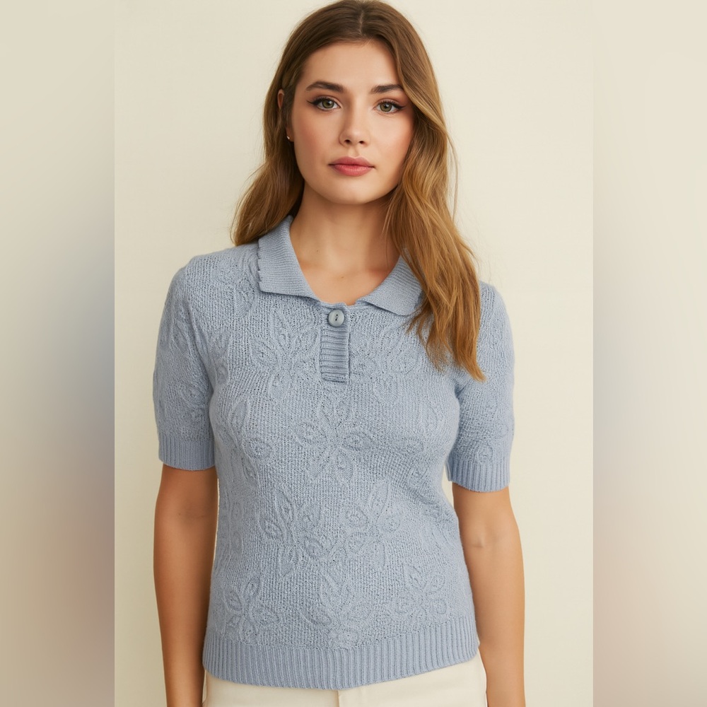 Vintage Grandmacore Light Blue Crochet Short Sleeve Polo